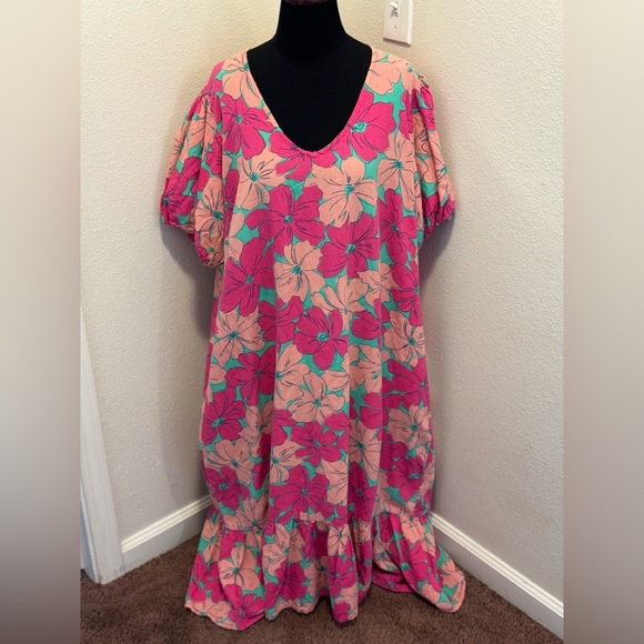 Oh Joy! The Odell Julia Linen Pink Floral Maxi Dress Puff Sleeve Anthro PLUS 2X - Picture 2 of 11
